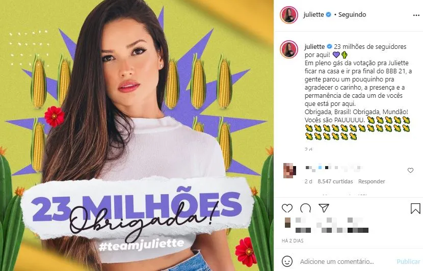 Nas redes, Juliette é fenômeno de engajamento