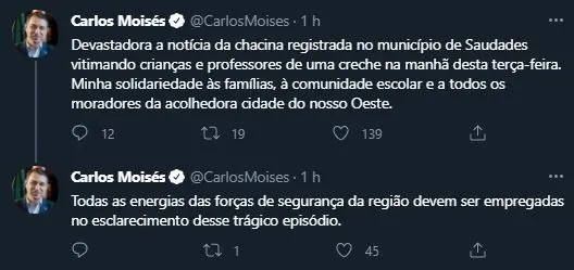 Posicionamento do governador de Santa Catarina após atentado