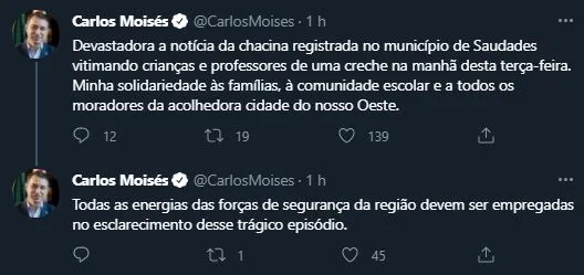 No texto, Carlos Moisés (PSL) definiu a notícia como devastadora e prestou solidariedade à cidade de Saudades