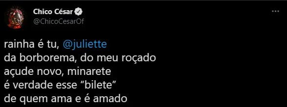 Artista agradeceu o carinho de Juliette pela sua música