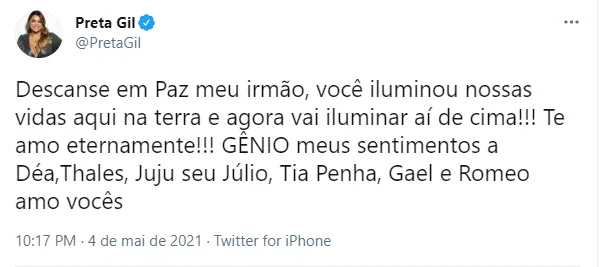 Print do Twitter da cantora Preta Gil