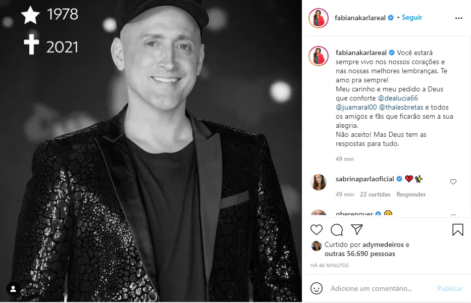 Print do Instagram da humorista, atriz e apresentadora Fabiana Karla