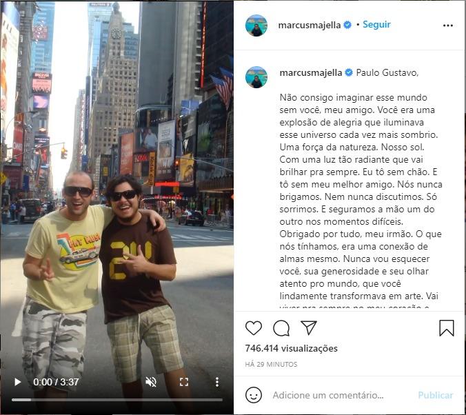 Print do vídeo que o ator e humorista Marcus Majella fez para o amigo Paulo Gustavo