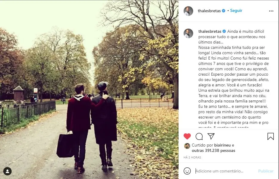 Print do texto de Thales Bretas sobre a morte do marido Paulo Gustavo