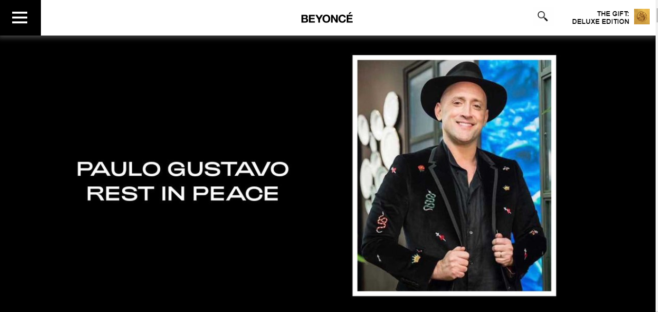 captura de tela do site da cantora beyoncé