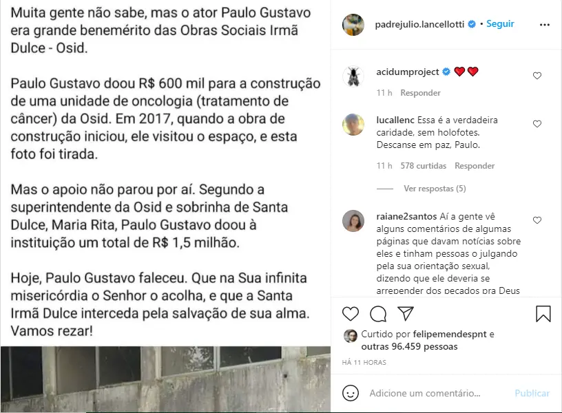 captura de tela de publicação do padre júlio lancelotti