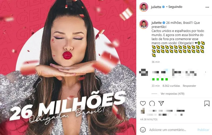 Post de Juliette comemorando 26 milhões de seguidores