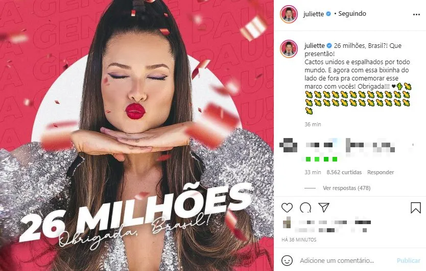 Juliette já bateu a marca de 26 milhões de seguidores