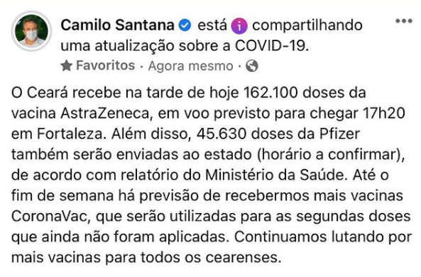 Camilo anuncia chegada de novo lote de vacinas contra a Covid-19 no facebook