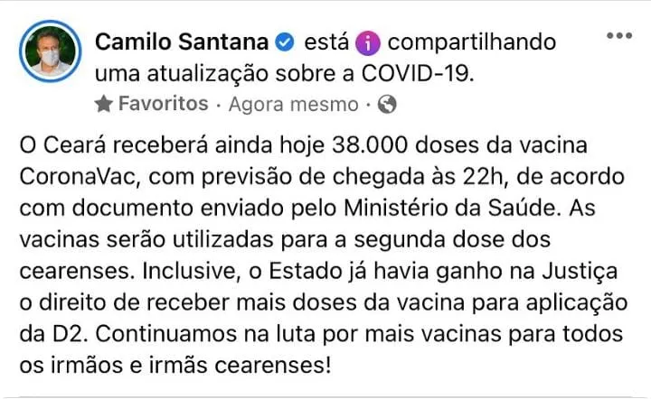 Governador Camilo Santana anuncia a chegada de novas doses