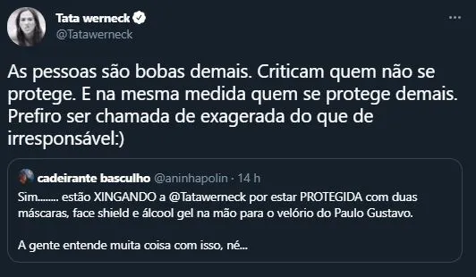 Tatá já comentou nas redes sociais sobre os cuidados que toma em relação ao vírus