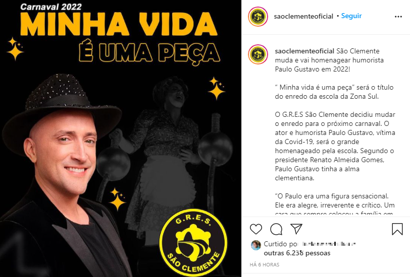 Captura de tela do anúncio do enredo sobre paulo gustavo em escola de samba