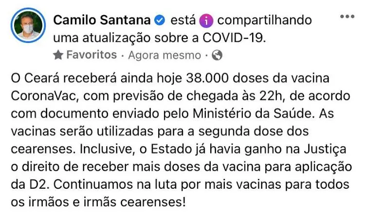 Post do governador nas redes sociais