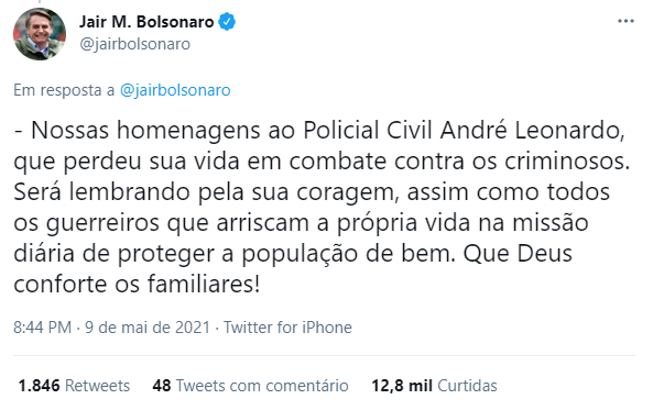 Tuíte de bolsonaro lamentando morte de policial em operação do Jacarezinho