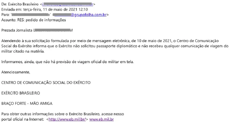 O Comprova contatou, por e-mail, o Exército, que afirmou não ter solicitado a emissão de passaporte diplomático para o general.