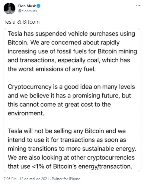 Elon Musk anuncia suspensão de vendas da Tesla com Bitcoin
