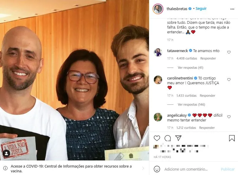Nas redes, Thales pediu para que o tempo o ajude a entender a partida do marido