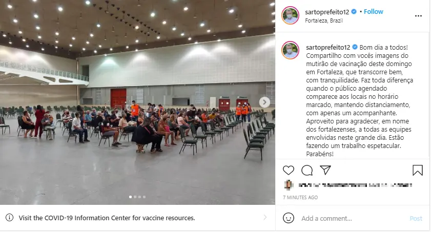 Captura de tela de publicação do prefeito de Fortaleza, Sarto Nogueira, no Instagram, falando sobre o dia de vacinação