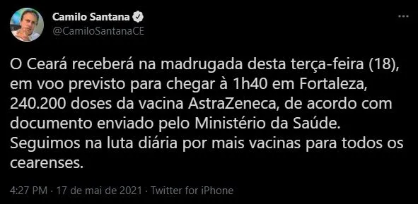 Anúncio foi feito por Camilo Santana nas redes sociais