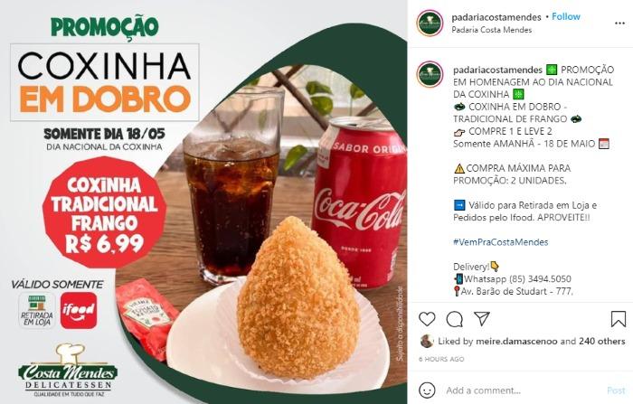 Imagem de divulgação de promoção de coxinha em dobro da padaria costa mendes em Fortaleza