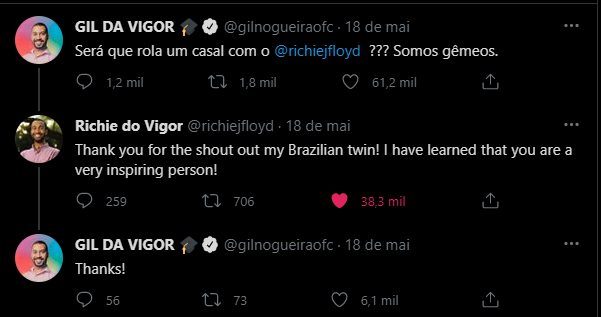 Print de interação no twitter entre Gil do Vigor e seu sósia, Richie do Vigor