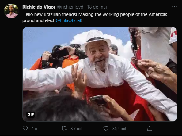 Print do tuíte de Richie do Vigor elogiando e pedindo votos para Lula