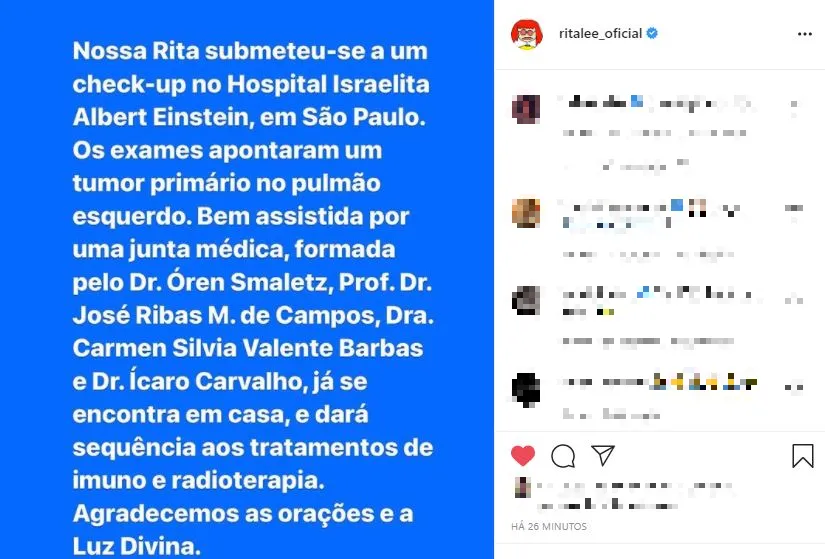 Notícia foi comunicada no Instagram oficial de Rita Lee
