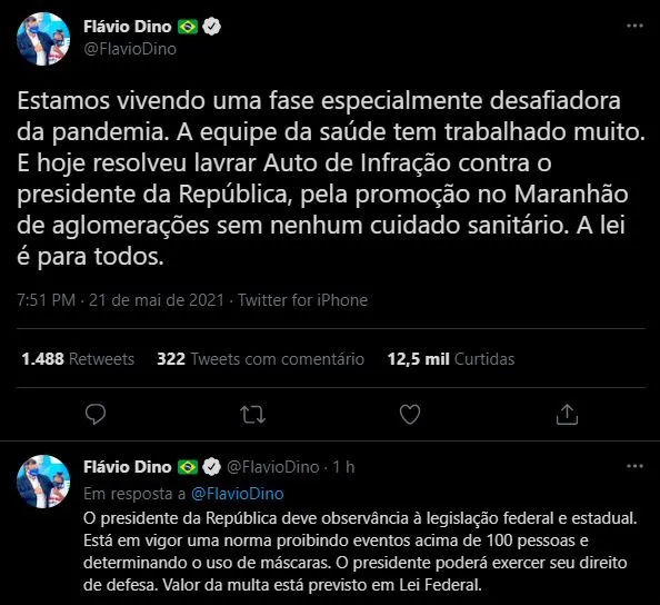 Governador comentou a autuação no Twitter