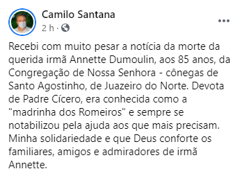 Camilo Santana faz post em redes sociais