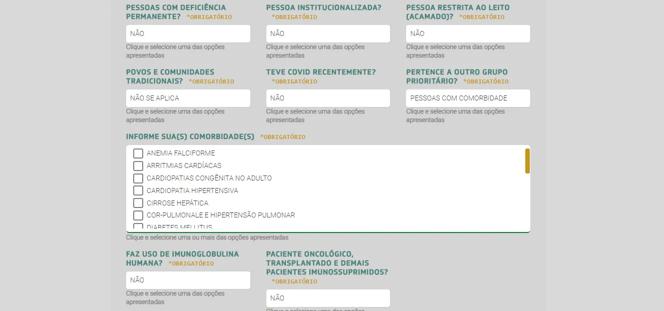 É necessário assinalar qual a comorbidade no Saúde Digital