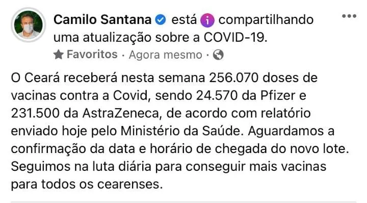 Camilo Santana confirma chegada de novo lote de vacinas contra Covid-19