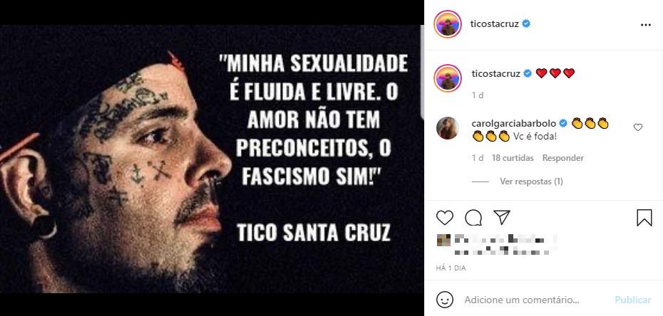 Print de publicação de tico santa cruz no instagram sobre sexualidade fluída