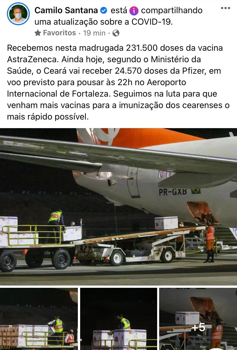 Camilo anunciou que o Ceará vai receber ainda nesta quarta-feira (26) um novo lote de vacinas
