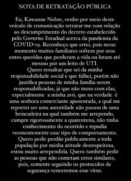 Comunicado publicado pela jovem nas redes sociais