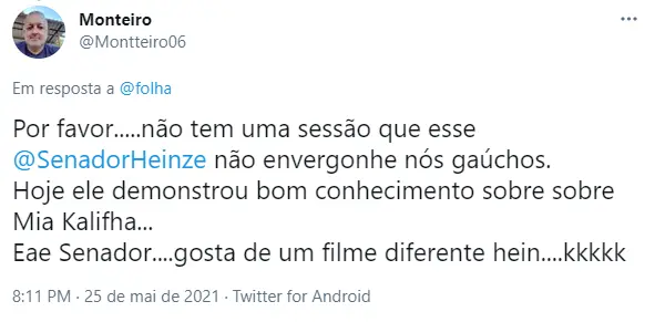 Usuário comenta fala de senador Luis Carlos Heinze em CPI da Covid