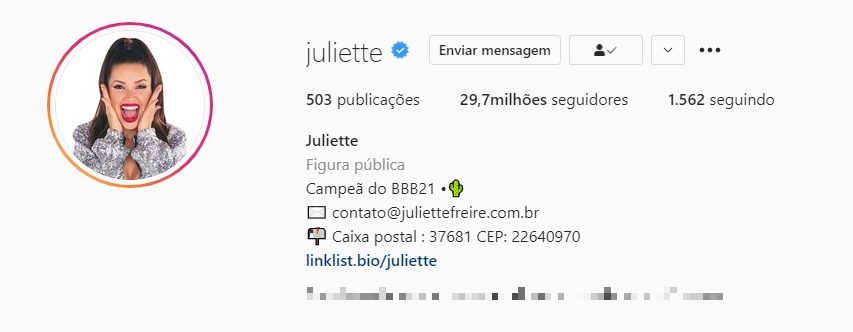Print que mostra o seguidores de juliette no instagram