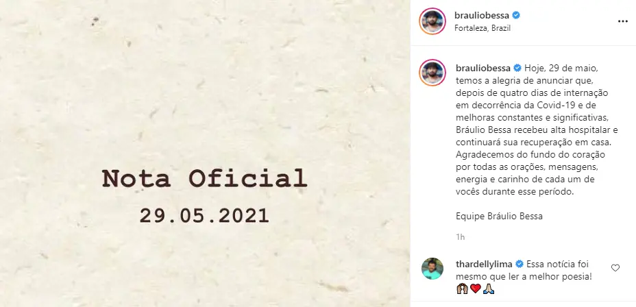 captura de tela da publicação da nota oficial sobre a alta hospitalar de bráulio bessa