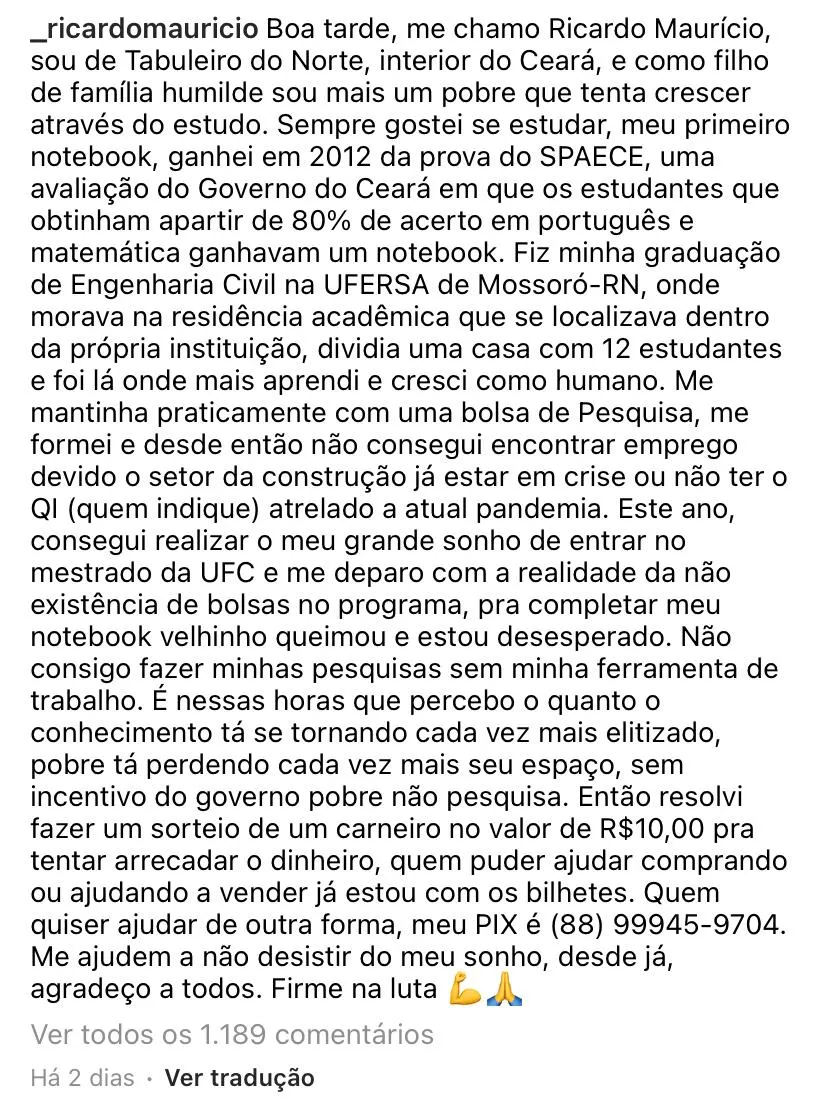 Ricardo divulgou o sorteio em publicação das redes sociais