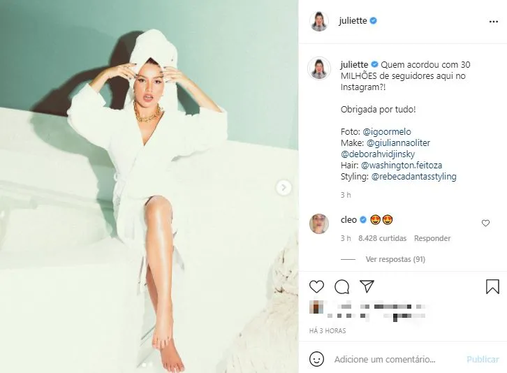 Juliette alcançou a marca na manhã deste domingo (30)