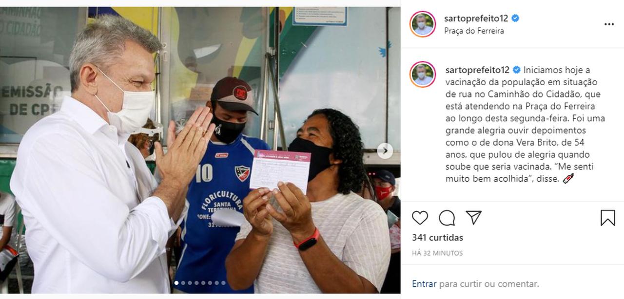 Publicação do prefeito Sarto Nogueira nas redes sociais