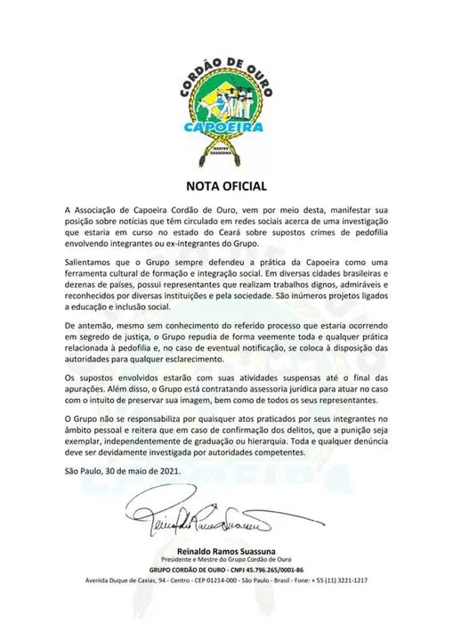 A nota foi publicada pelo grupo de capoeira na rede social Facebook, no último domingo (30)