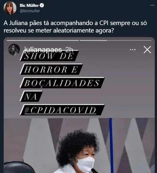 Print de publicação do Twitter sobre Juliana Paes