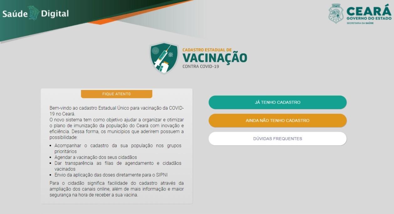 interface da plataforma saúde digital, que recebe cadastros para vacinação contra a Covid-19 no Ceará