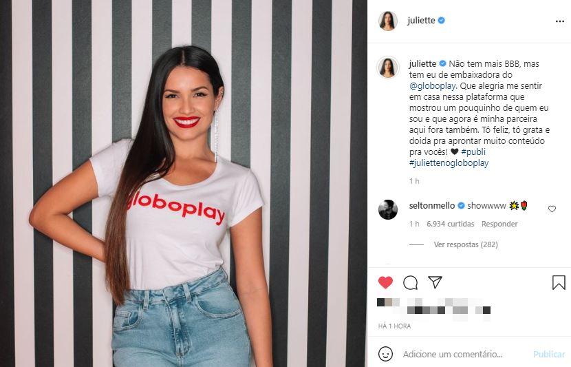 Juliette em foto publicada no Instagram como embaixadora Globoplay