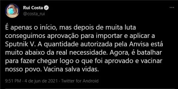 Chefe do Executivo baiano se pronunciou no Twitter