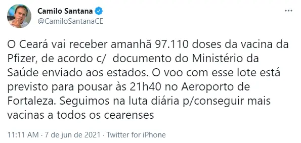 Camilo Santana anuncia chegada de novo lote de vacinas contra a Covid-19 da Pfizer ao Ceará