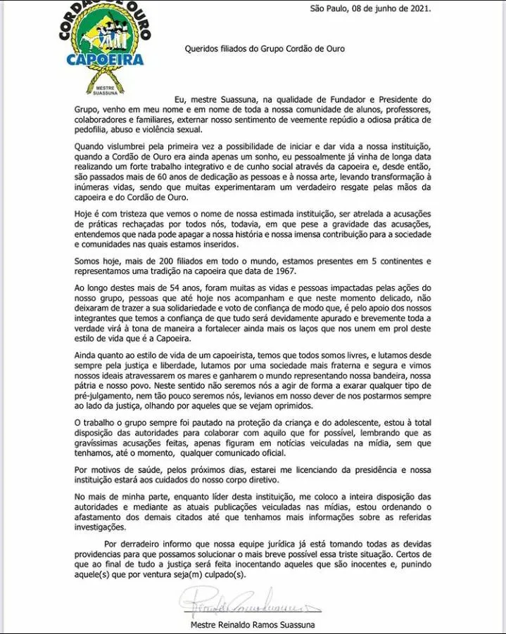 Mestre capoeirista divulgou que se afastará da presidência por motivos de saúde