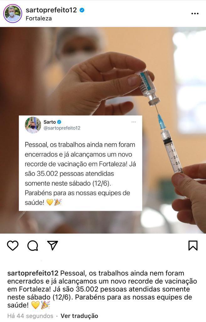 Post do prefeito Sarto Nogueira nas redes sociais