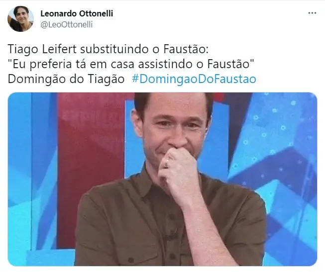meme sobre tiago leifert apresentando o 'domingão do faustão'