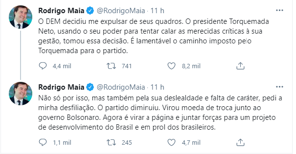Tweet de Rodrigo Maia sobre sua expulsão do DEM